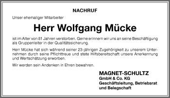 Traueranzeige von Wolfgang Mücke von Memminger Zeitung