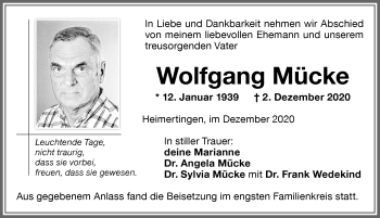 Traueranzeige von Wolfgang Mücke von Memminger Zeitung