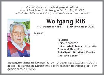 Traueranzeige von Wolfgang Riß von Allgäuer Zeitung,Kempten