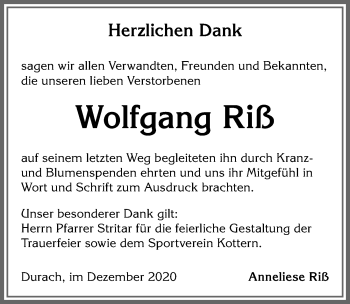 Traueranzeige von Wolfgang Riß von Allgäuer Zeitung,Kempten