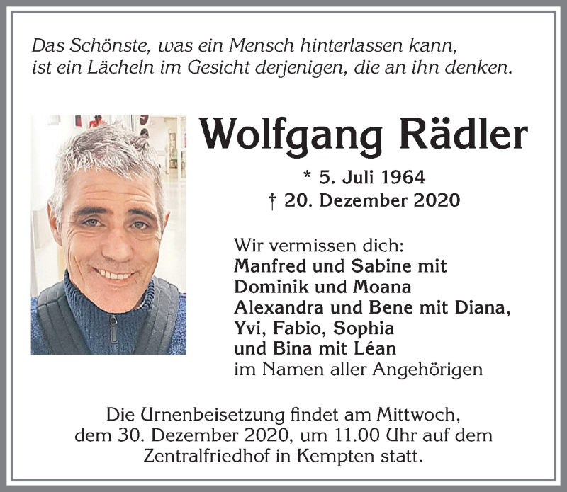  Traueranzeige für Wolfgang Rädler vom 23.12.2020 aus Allgäuer Zeitung,Kempten