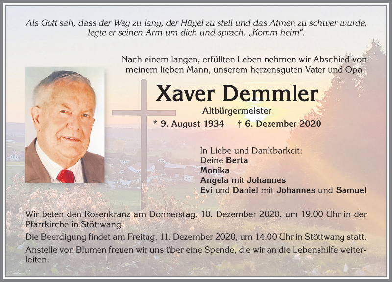  Traueranzeige für Xaver Demmler vom 10.12.2020 aus Allgäuer Zeitung