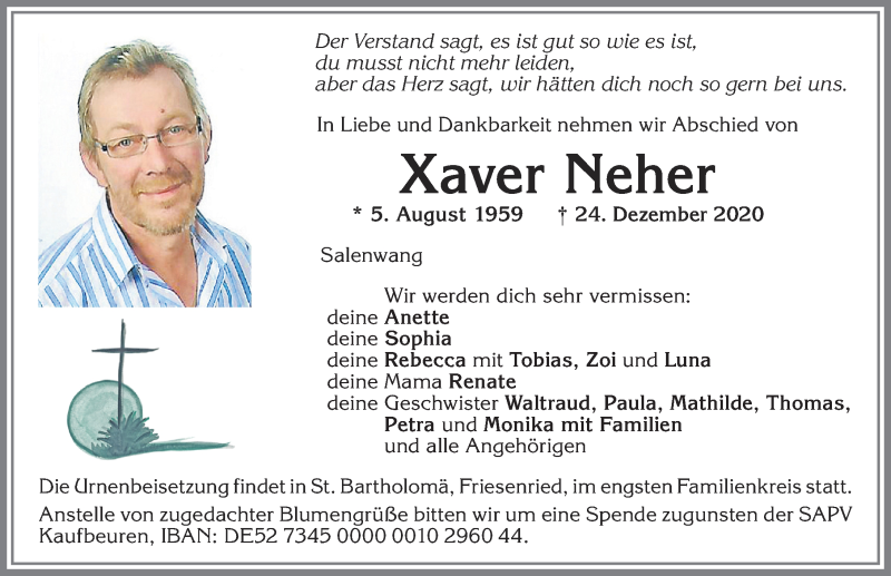  Traueranzeige für Xaver Neher vom 31.12.2020 aus Allgäuer Zeitung, Kaufbeuren/Buchloe