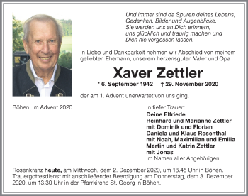 Traueranzeige von Xaver Zettler von Memminger Zeitung