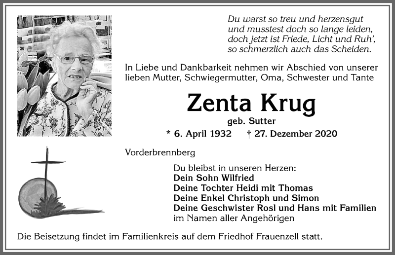  Traueranzeige für Zenta Krug vom 30.12.2020 aus Allgäuer Zeitung,Kempten