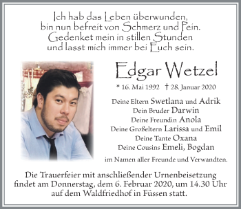 Traueranzeige von Edgar Wetzel von Allgäuer Zeitung, Füssen