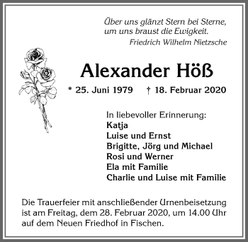 Traueranzeige von Alexander Höß von Allgäuer Anzeigeblatt