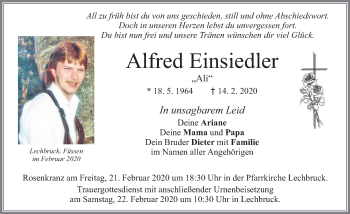 Traueranzeige von Alfred Einsiedler von Allgäuer Zeitung, Füssen