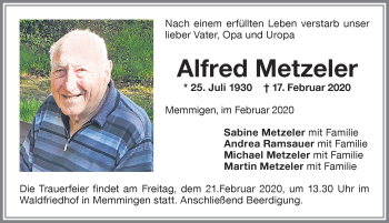 Traueranzeige von Alfred Metzeler von Memminger Zeitung