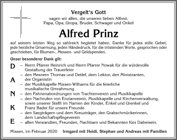 Traueranzeige von Alfred Prinz von Allgäuer Anzeigeblatt