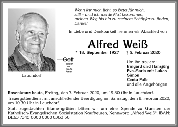 Traueranzeige von Alfred Weiß von Allgäuer Zeitung