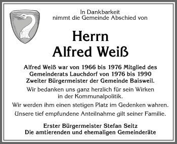 Traueranzeige von Alfred Weiß von Allgäuer Zeitung