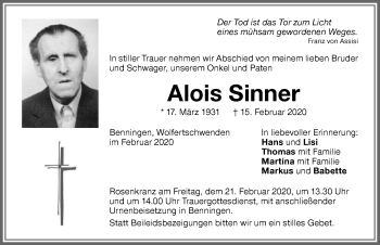 Traueranzeige von Alois Sinner von Memminger Zeitung
