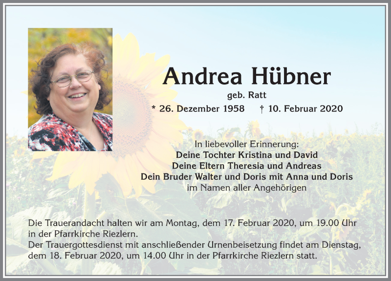  Traueranzeige für Andrea Hübner vom 14.02.2020 aus Allgäuer Anzeigeblatt