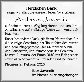 Traueranzeige von Andreas Javornik von Allgäuer Zeitung, Füssen