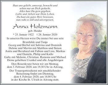 Traueranzeige von Anna Holzmann von Allgäuer Zeitung, Marktoberdorf