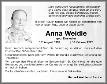 Traueranzeige von Anna Weidle von Memminger Zeitung