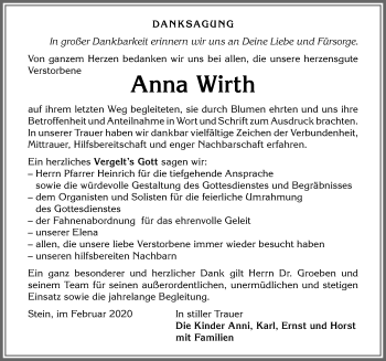 Traueranzeige von Anna Wirth von Allgäuer Anzeigeblatt