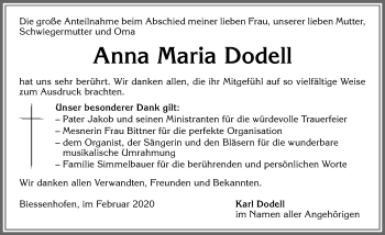 Traueranzeige von Anna Maria Dodell von Allgäuer Zeitung, Marktoberdorf