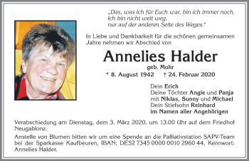 Traueranzeige von Annelies Halder von Allgäuer Zeitung, Kaufbeuren/Buchloe