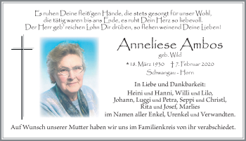 Traueranzeige von Anneliese Ambos von Allgäuer Zeitung, Füssen