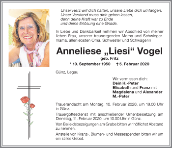 Traueranzeige von Anneliese Vogel von Memminger Zeitung