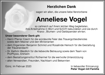Traueranzeige von Anneliese Vogel von Memminger Zeitung