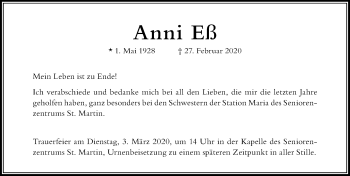 Traueranzeige von Anni Eß von Der Westallgäuer