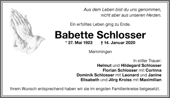 Traueranzeige von Babette Schlosser von Memminger Zeitung