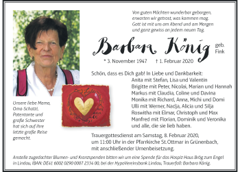 Traueranzeige von Barbara König von Der Westallgäuer