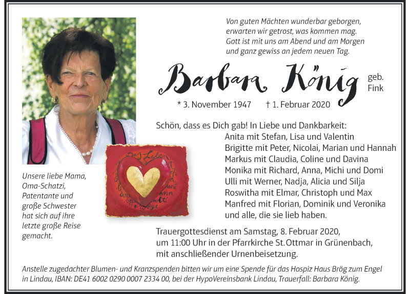  Traueranzeige für Barbara König vom 05.02.2020 aus Der Westallgäuer
