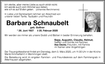 Traueranzeige von Barbara Schnaubelt von Memminger Zeitung