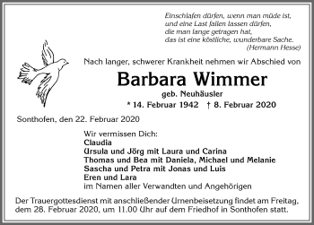 Traueranzeige von Barbara Wimmer von Allgäuer Anzeigeblatt