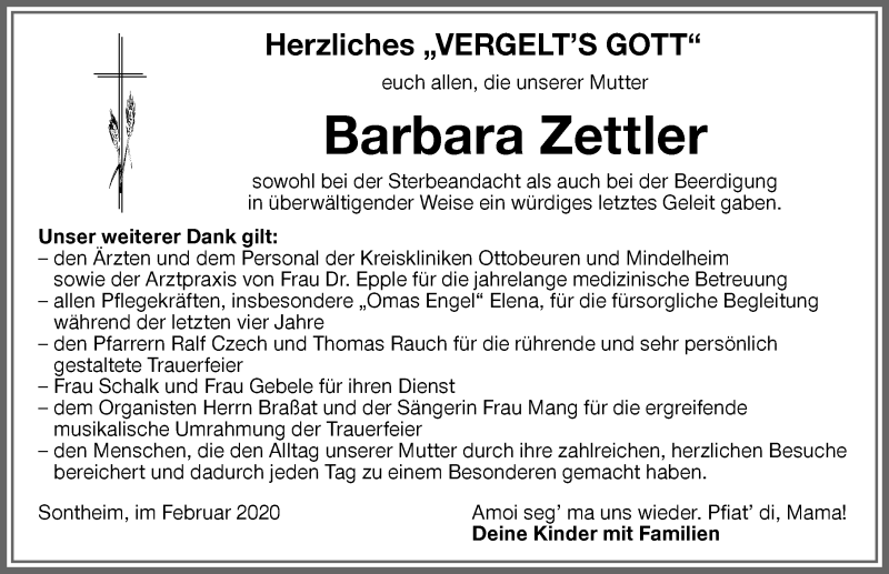  Traueranzeige für Barbara Zettler vom 01.02.2020 aus Memminger Zeitung