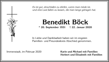 Traueranzeige von Benedikt Böck von Allgäuer Anzeigeblatt