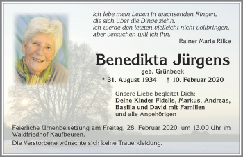 Traueranzeige von Benedikta Jürgens von Allgäuer Zeitung, Kaufbeuren/Buchloe
