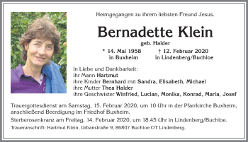 Traueranzeige von Bernadette Klein von Allgäuer Zeitung