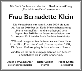 Traueranzeige von Bernadette Klein von Allgäuer Zeitung, Kaufbeuren/Buchloe