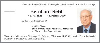 Traueranzeige von Bernhard Reßl von Allgäuer Zeitung, Kaufbeuren/Buchloe