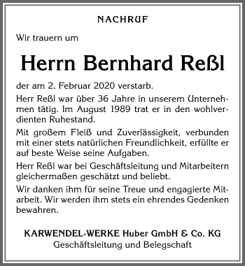Traueranzeige von Bernhard Reßl von Allgäuer Zeitung, Kaufbeuren/Buchloe