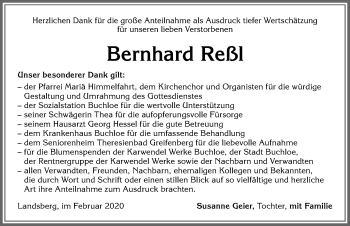 Traueranzeige von Bernhard Reßl von Allgäuer Zeitung, Kaufbeuren/Buchloe