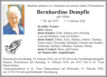 Traueranzeige von Bernhardine Dempfle von Allgäuer Zeitung, Kaufbeuren/Buchloe