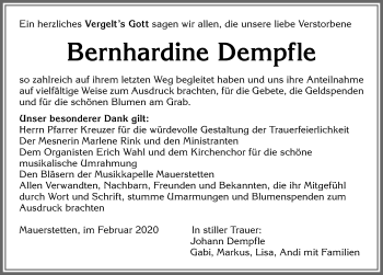 Traueranzeige von Bernhardine Dempfle von Allgäuer Zeitung, Kaufbeuren/Buchloe