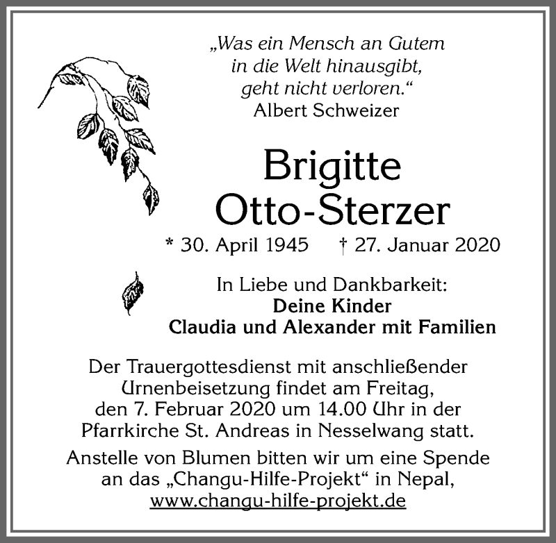  Traueranzeige für Brigitte Otto-Sterzer vom 01.02.2020 aus Allgäuer Zeitung