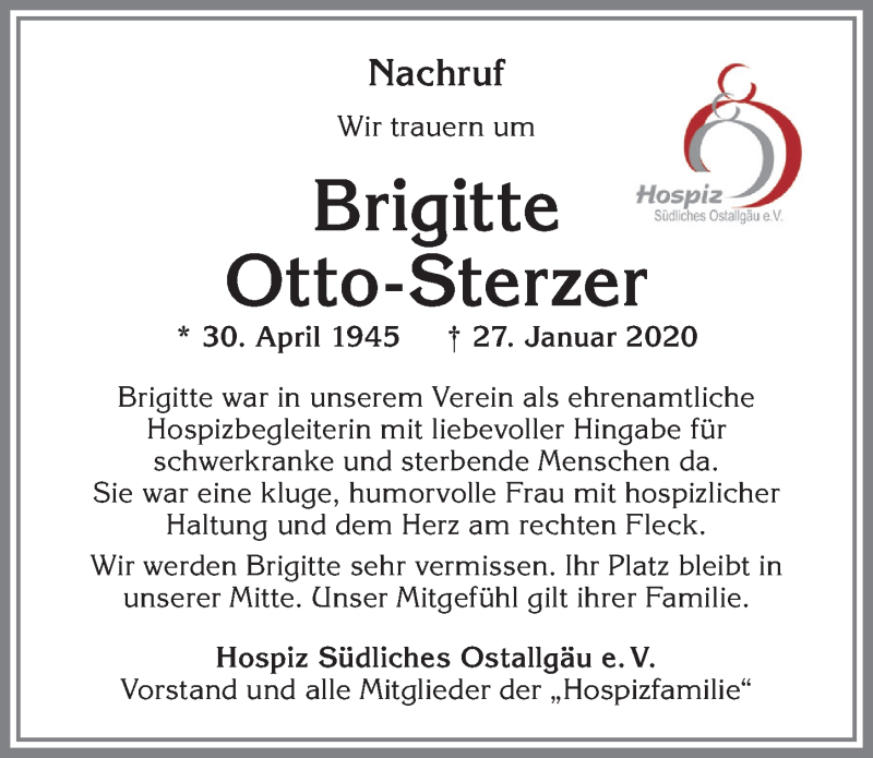 Traueranzeige für Brigitte Otto-Sterzer vom 04.02.2020 aus Allgäuer Zeitung, Füssen