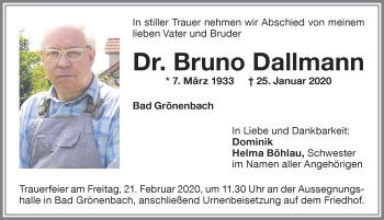 Traueranzeige von Bruno Dallmann von Memminger Zeitung
