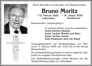 Traueranzeige von Bruno Moritz von Allgäuer Zeitung
