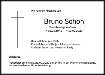 Traueranzeige von Bruno Schon von Der Westallgäuer