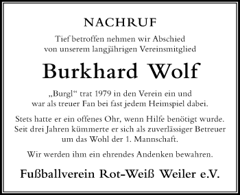 Traueranzeige von Burkhard Wolf von Der Westallgäuer