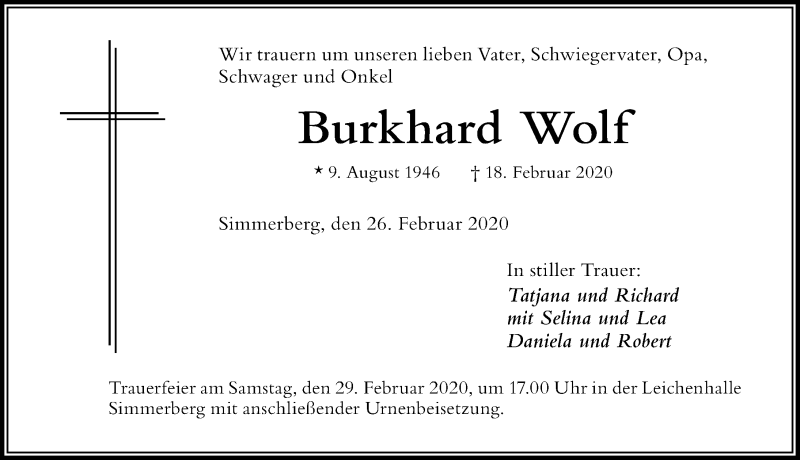  Traueranzeige für Burkhard Wolf vom 26.02.2020 aus Der Westallgäuer